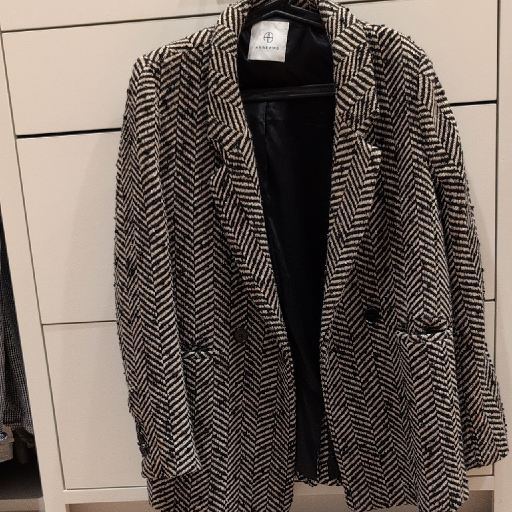 Anine Bing Black & Cream Herringbone Pea Coat